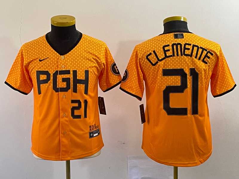 Youth Pittsburgh Pirates #21 Roberto Clemente Number Yellow 2023 City Connect Stitched Jersey2->mlb youth jerseys->MLB Jersey